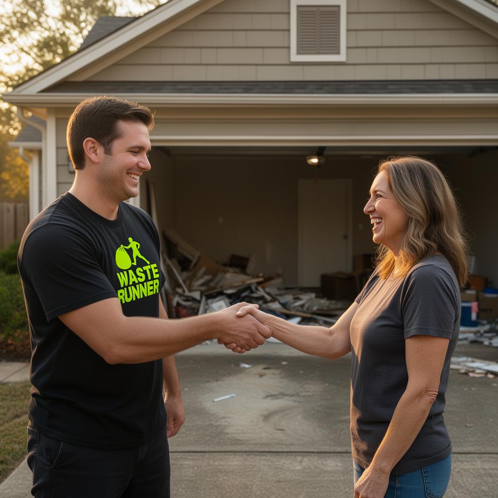 Waste Runners worker shaking hands with happy Knoxville homeowner after a garage cleanout