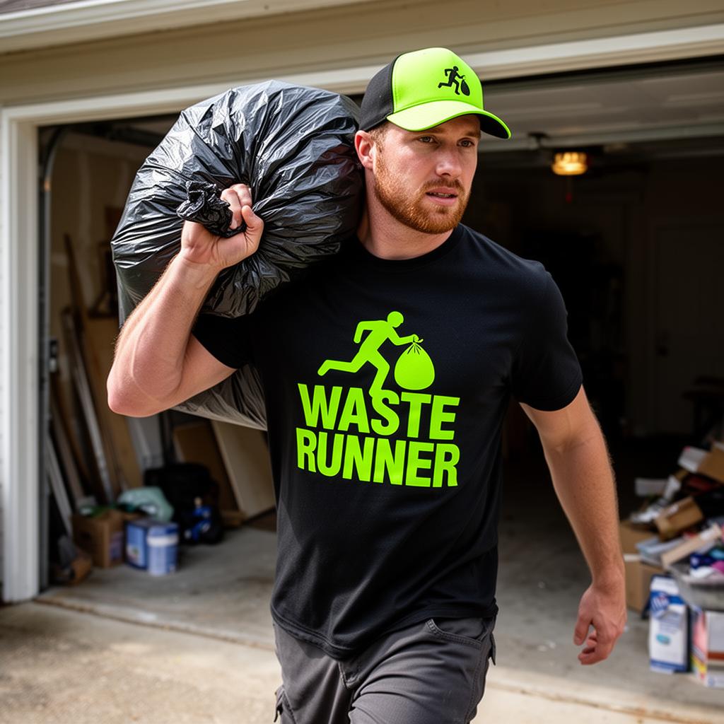 Waste Runners crew member in branded shirt and cap hauling a trash bag out of a Knoxville garage